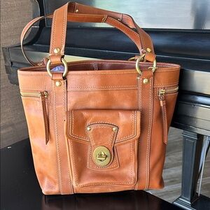 Coach Brown Leather Creed Patch with Turquoise Lining